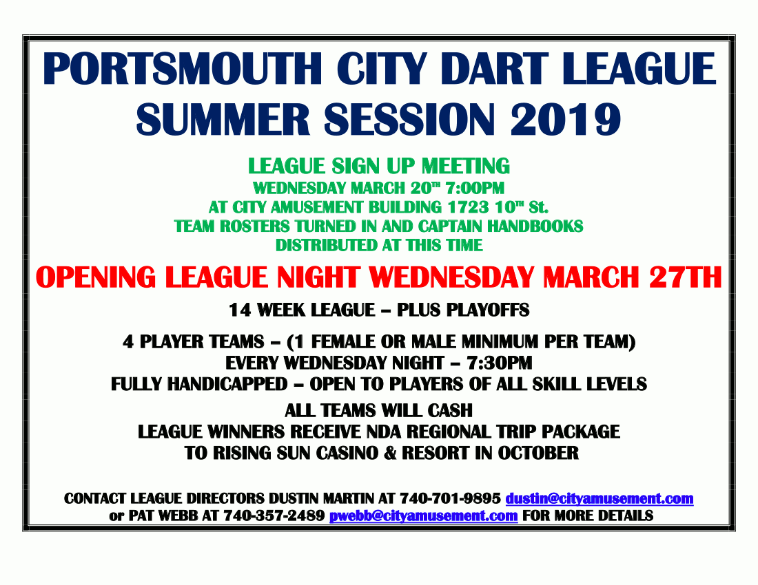 PORTSMOUTH CITY DART LEAGUE SUMMER 2019 FLYER CITY AMUSEMENT LEAGUE